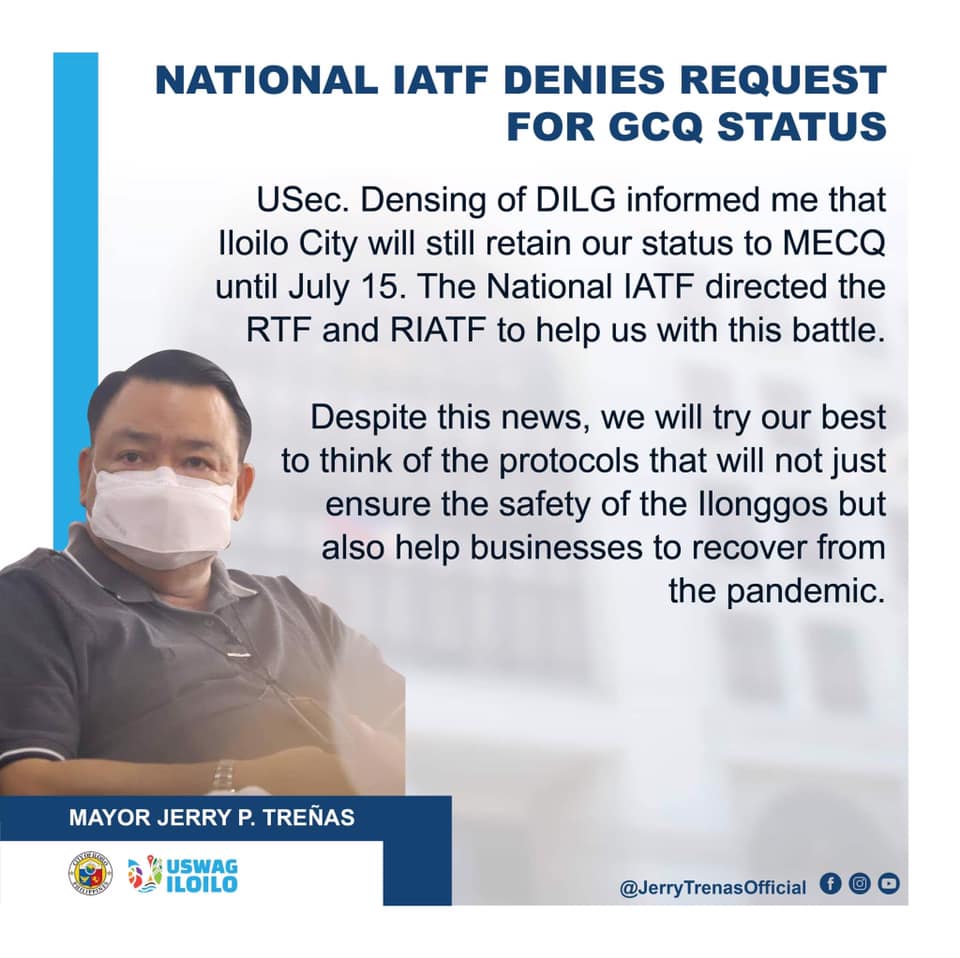 Apela ni Mayor Treñas na GCQ status sa Iloilo City, binasura ng IATF