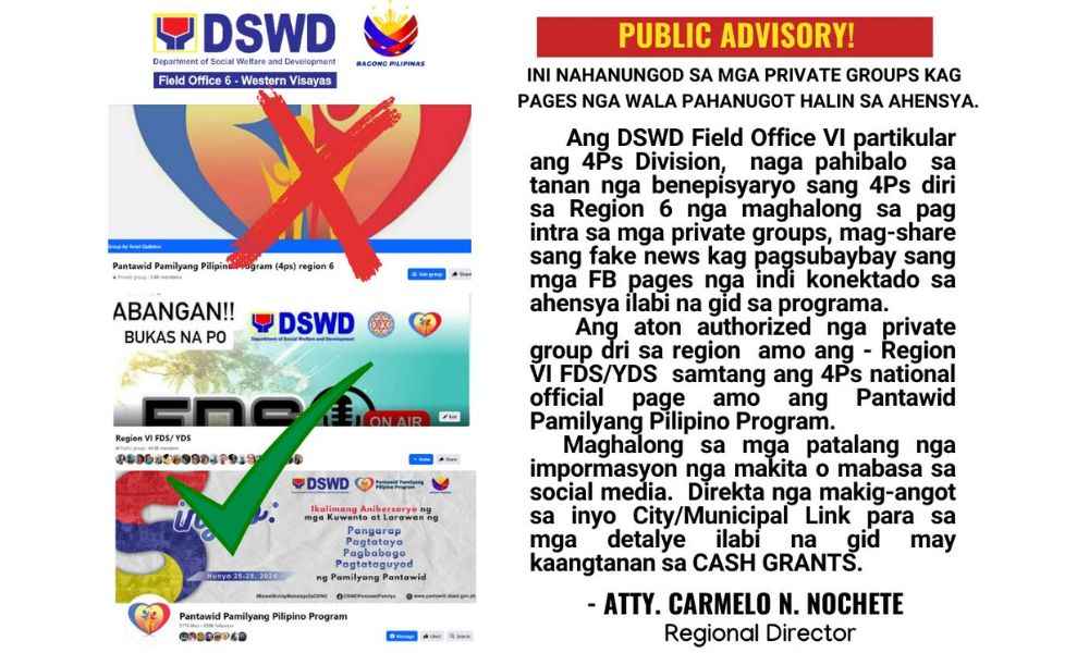 DSWD FO VI binalaan ang publiko vs private groups, pages