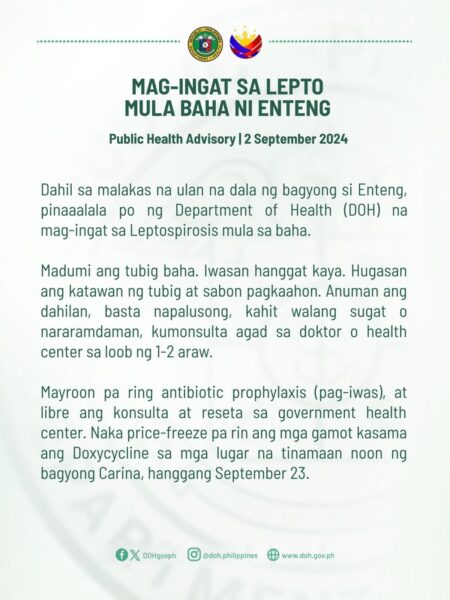 DOH, pinaalalahanan ang publiko na mag-ingat sa Lepto mula sa baha ni Enteng